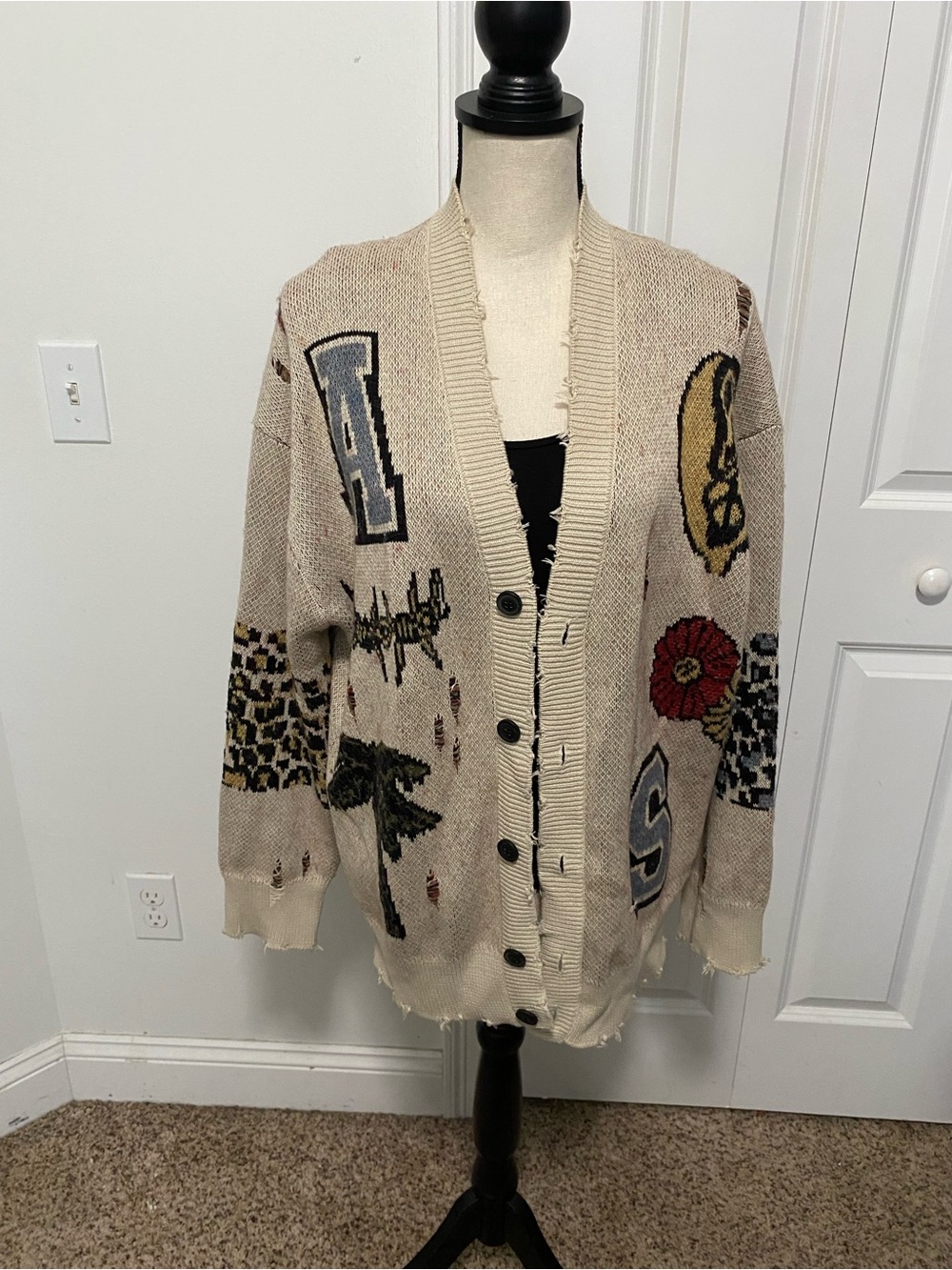 AllSaints Foxx Intentionally Distressed Graffiti Cardigan